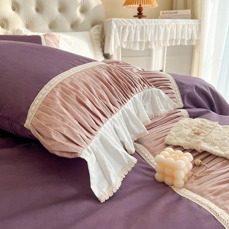 Conjunto de ropa de cama de algodón estilo Princesa Coreana Decorbites™ con volantes plisados y funda de edredón suave