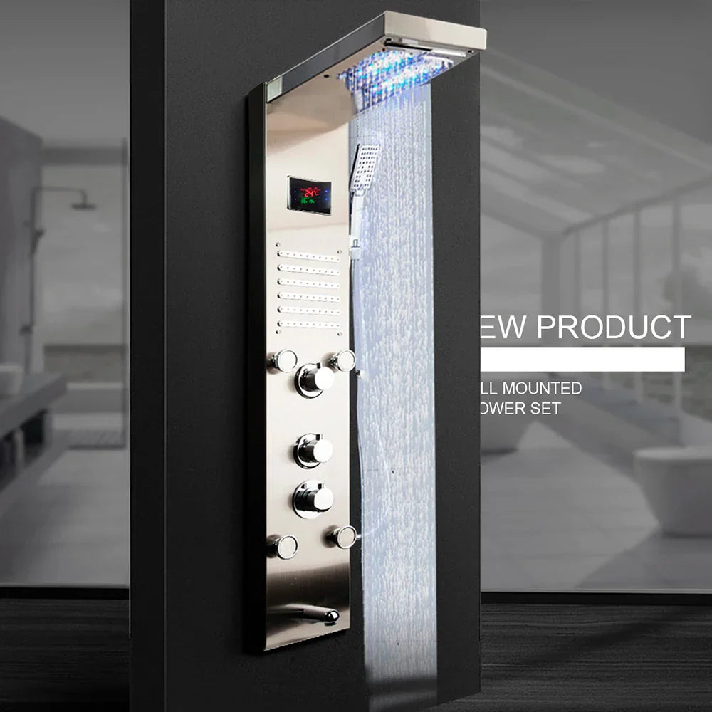DecorBites™ Dark Grey LED Shower Panel Column with Rainfall Waterfall Spa Jets