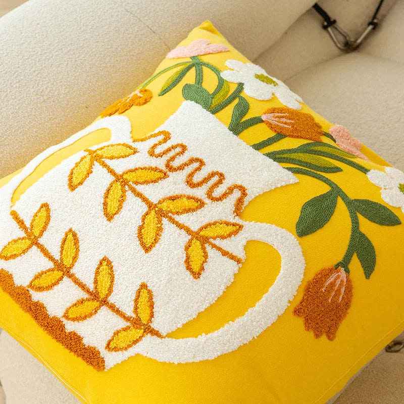 DecorBites™ Elegant Yellow Vase Flower Cushion Cover - 45x45cm