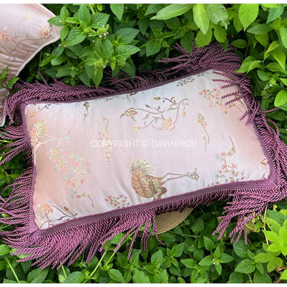 غطاء وسادة قطني فاخر من DecorBites™ بتصميم عتيق من الجاكار والطيور بخياطة مربعة ذهبية