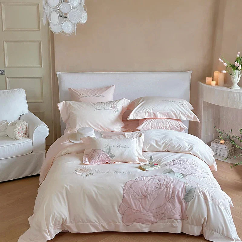 Decobites Pink Rose Applique Cotton Embroidery Bedding Set 500TC Soft Skin-friendly Duvet Cover