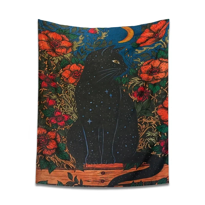 Black Cat Moon Tapestry Wall Hanging for Cute Aesthetics Home Decor by Decobites