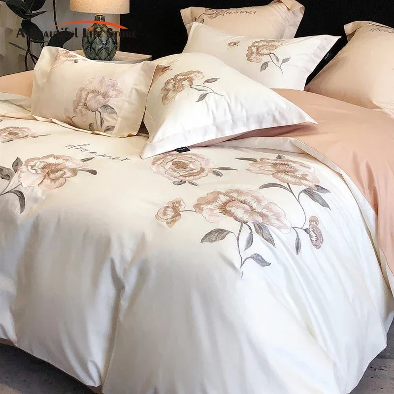 Decobites Flowers Embroidery Cotton Bedding Set Duvet Cover Flat Sheet Pillowcases 4Pcs