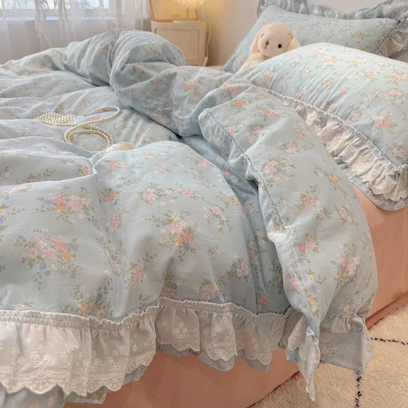 Decobites Floral Lace Ruffles Bedding Set in 100% Cotton, Korean Style, Single/Queen/King Size