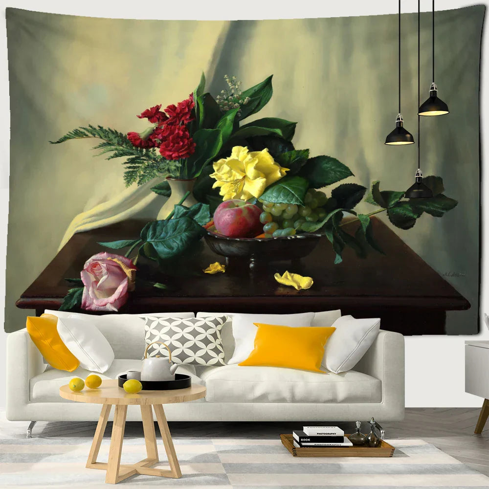 Decobites European Still Life Oil Painting Tapestry Wall Hanging for Aesthetic Room Decor