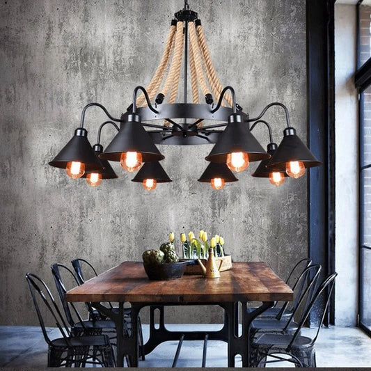 DecorBites™ Industrial Hemp Rope Pendant Light with Iron Lampshade