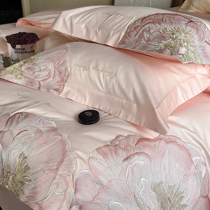 Decobites Luxury Pink Blue Champagne Flowers Embroidery Bedding Set 1000TC Egyptian Cotton