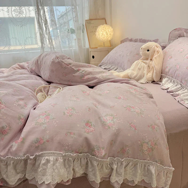 Decobites Floral Lace Ruffles Bedding Set in 100% Cotton, Korean Style, Single/Queen/King Size