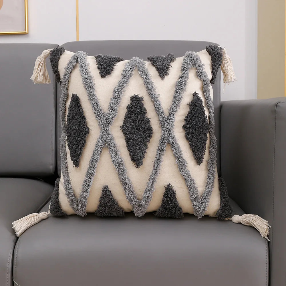 DecorBites™ Grey Geometric Tufted Cushion Cover with Fringe, Home & Car Decor Pillow Cover