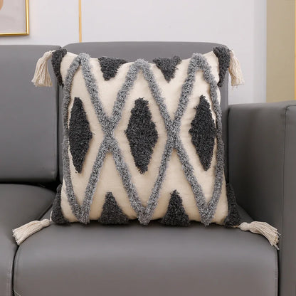 DecorBites™ Grey Geometric Tufted Cushion Cover with Fringe, Home & Car Decor Pillow Cover