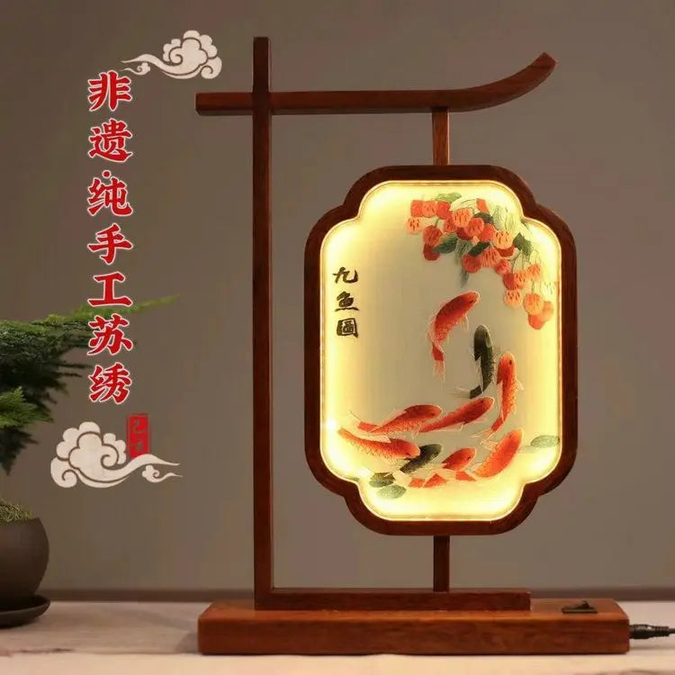 DecorBites™ Chinese Style Embroidered Desk Lamp Decoration Screen - Double-Sided Home Table Decor