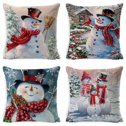 DecorBites™ Christmas Snowman & Santa Claus Linen Pillow Cover for Festive Living Room Decor