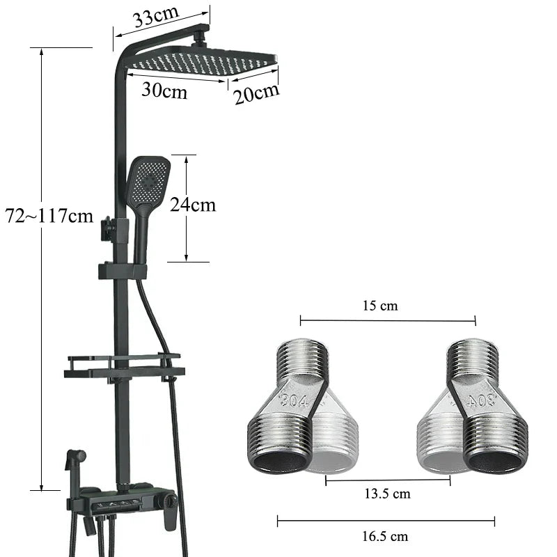 DecorBites™ Digital Display Thermostatic Shower Faucet Set with Rainfall Shower Column in Chrome