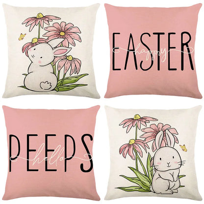 DecorBites™ Easter Bunny Rabbit Linen Cushion Cover 45x45cm - Flower Print Festival Pillowcase
