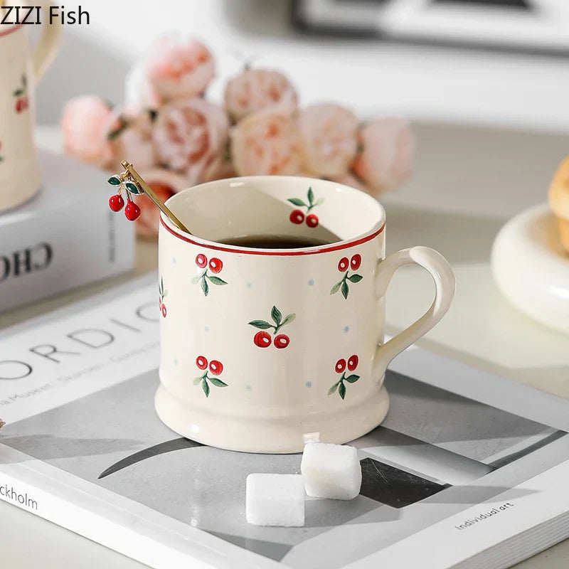 DecorBites™ Cherry Pattern Porcelain Coffee Mug - Lovely Tableware Cup for Afternoon Tea