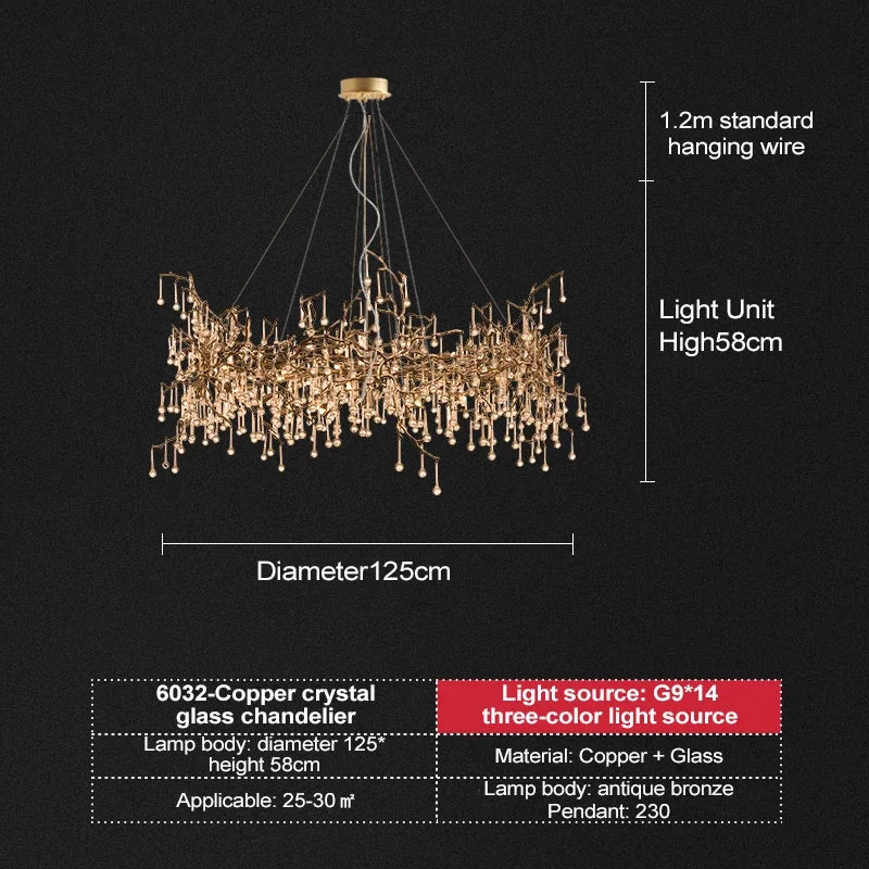 DecorBites™ French Crystal Chandelier for Dining Room: Elegant Copper Branch Ceiling Light