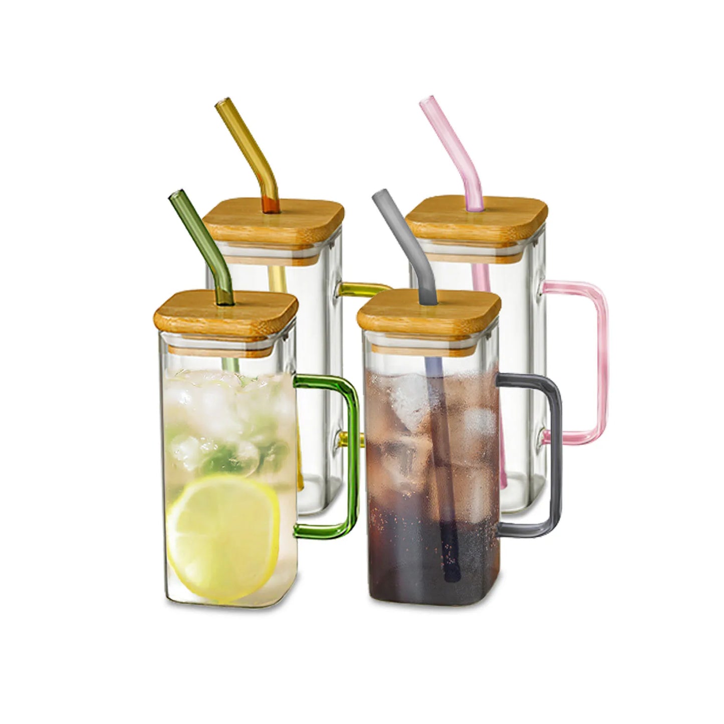 DecorBites™ 400ml Square Glass Mug with Lid and Straw | Versatile Party Beverage Cup