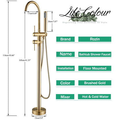 DecorBites™ Brushed Gold Freestanding Bathtub Shower Mixer with Handshower