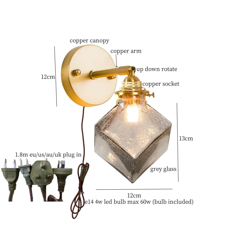 DecorBites™ Grey Glass LED Wall Lamp Bedroom Living Room Loft Modern Copper Wandlamp
