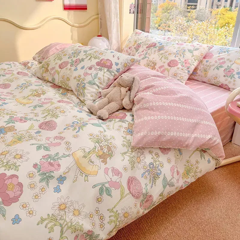 Juego de cama DecorBites™ de algodón con estampado floral a doble cara - Juego de funda nórdica suave tamaño Queen