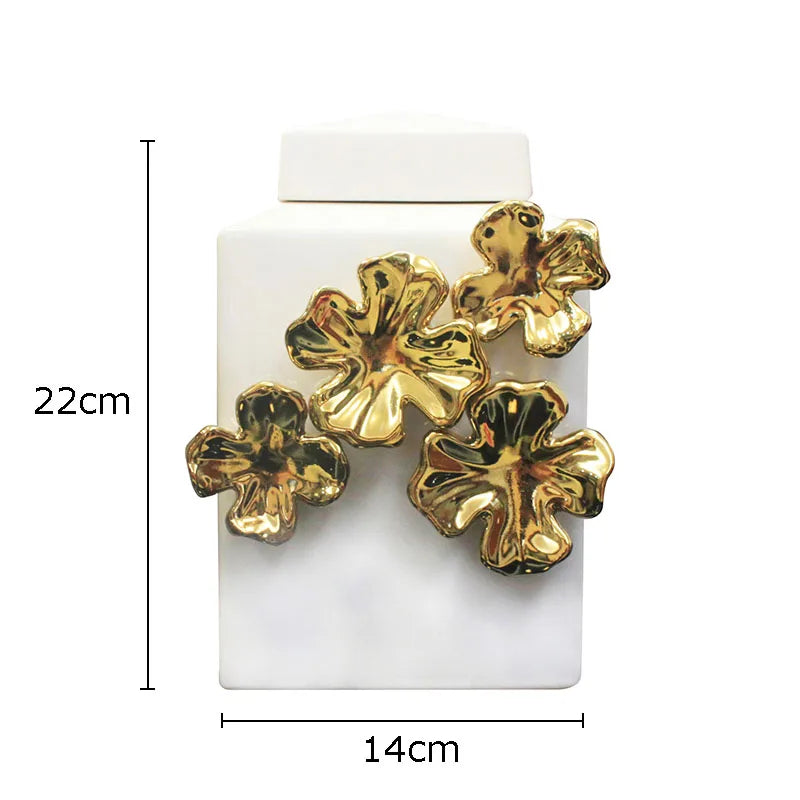 DecorBites™ Golden Flower Relief Ceramic Storage Jar for Desk Decoration and Jewelry Box