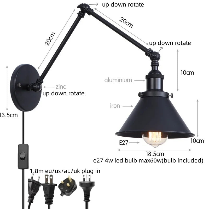 Decorbites™ Industrielles Loft-LED-Wandleuchte Schwarz Vintage Schwingarm-Spiegel-Licht