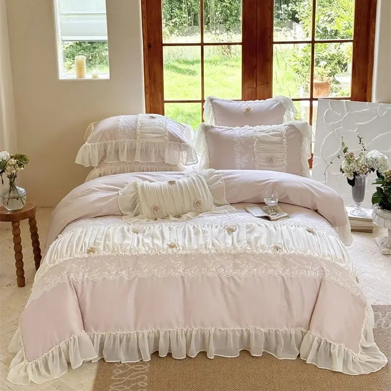 Decobites Rose Lace Ruffles Princess Wedding Bedding Set with 1000TC Egyptian Cotton