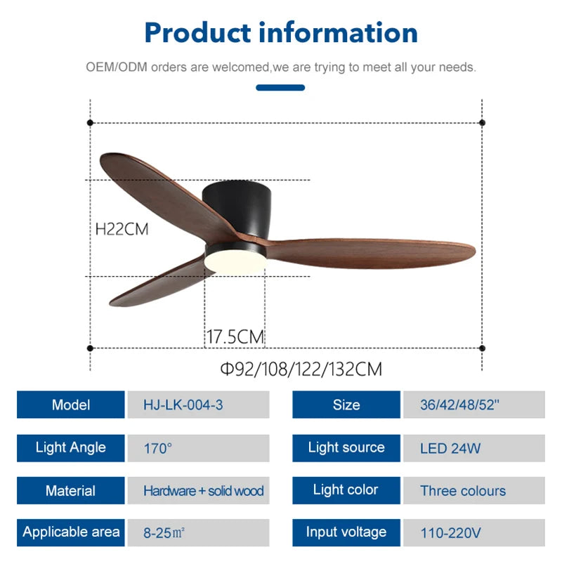 Decorbites™ Ventilador de Techo para Techos Bajos con Motor DC de 3 Aspas y 35W, Luz Tricolor de 24W y Control Remoto