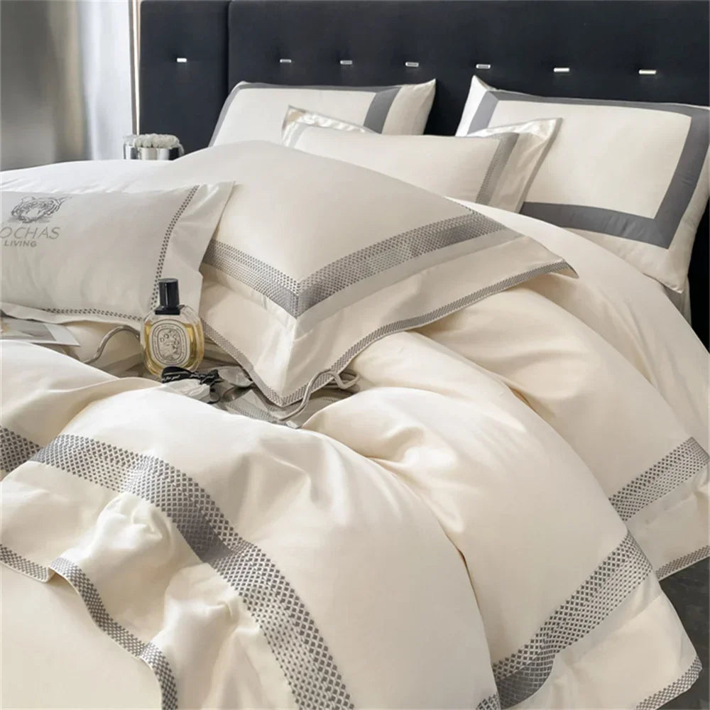 Decobites 1000TC Egyptian Cotton Embroidered Bedding Set, Queen King Size Duvet Cover Set