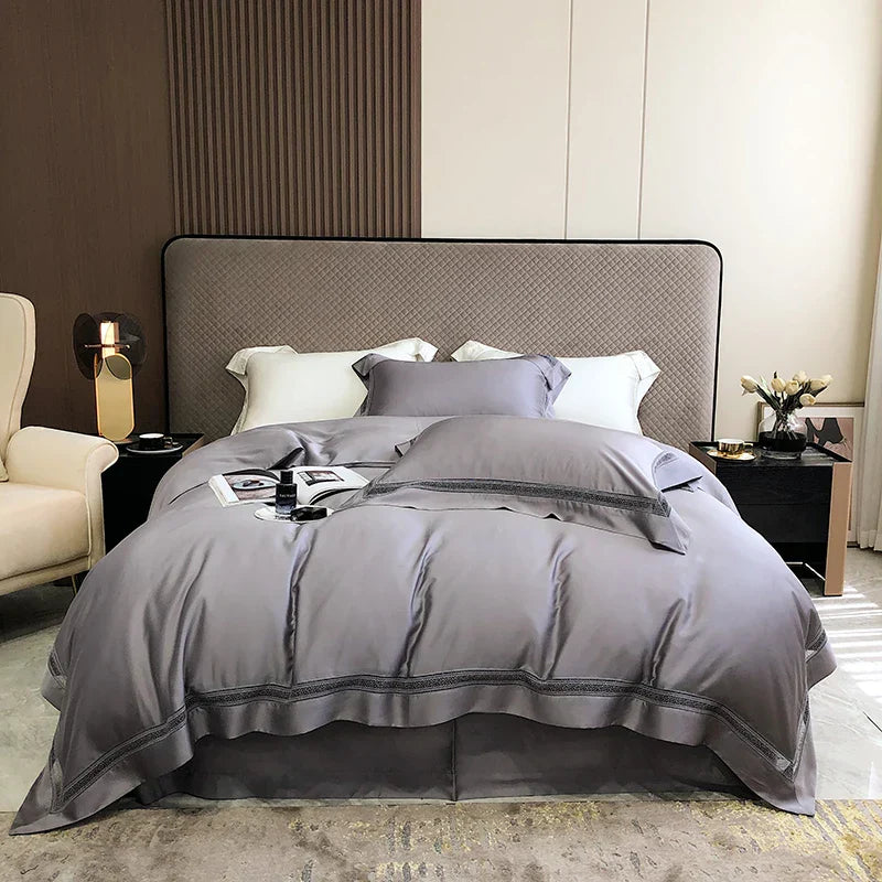 DecorBites™ Eucalyptus Lyocell Luxury Bedding Set in White Champagne Grey Pink