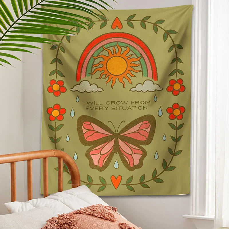 Decobites Retro Rainbow Butterfly Botanical Flower Wall Hanging Tapestry Home Decor