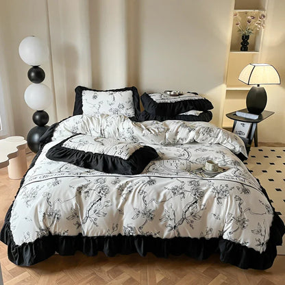 Decobites French Vintage Black Ruffles Duvet Cover Set with Pillowcases, Nordic Luxury Flowers Plant Bedding Set