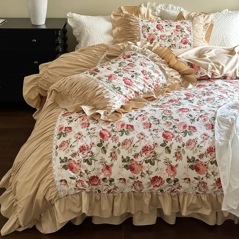 Decobites Vintage Floral Lace Ruffles Bedding Set, 100% Cotton, Duvet, Sheets, Pillowcases