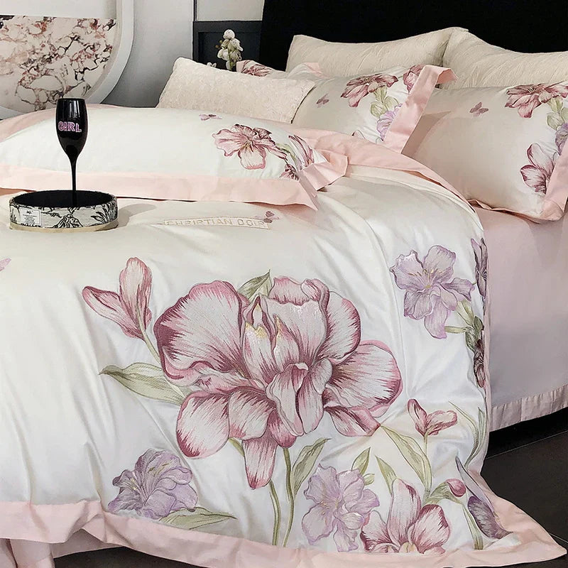 Decobites Blooming Flowers Embroidery Bedding Set 600TC Egyptian Cotton Duvet Cover Queen King