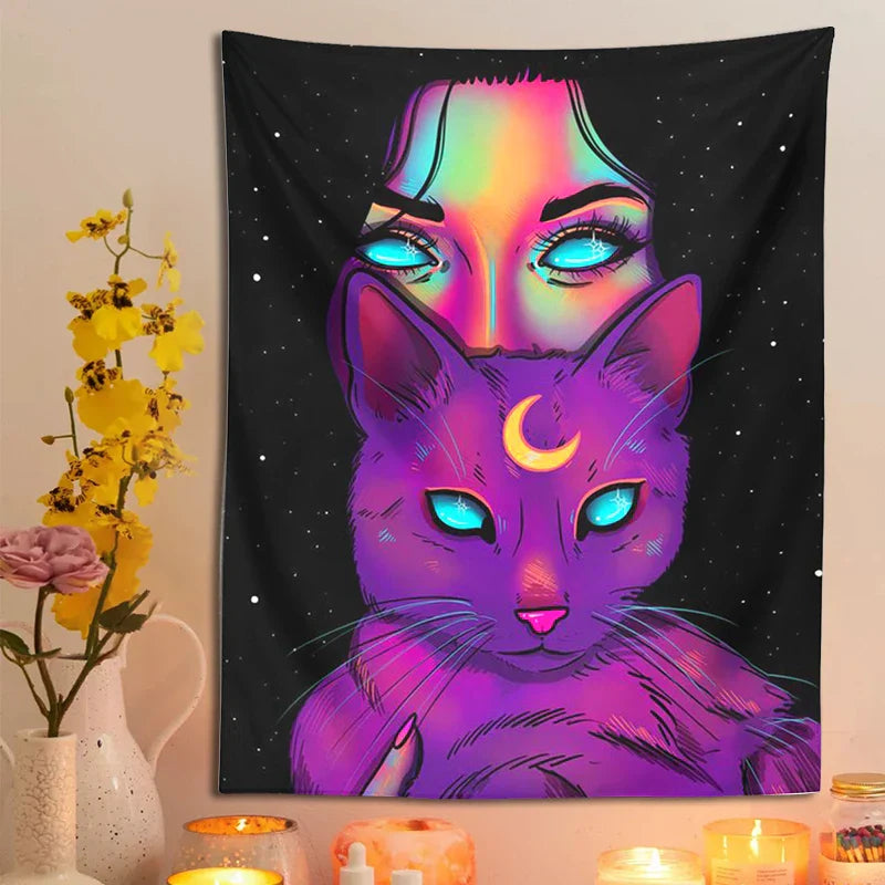 Psychedelic Cat Tapestry Wall Hanging for Bohemian Home Decor by Decobites