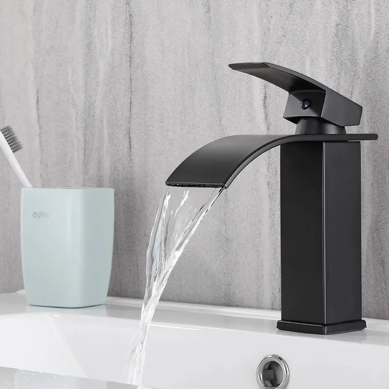 DecorBites™ Black Brass Waterfall Bathroom Sink Faucet Cold Hot Mixer Single Handle Deck