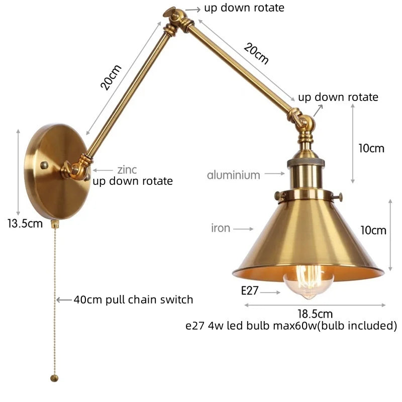 DecorBites™ Gold Long Arm LED Wall Sconce with Pull Chain Switch, Adjustable Industrial Bedside Lamp