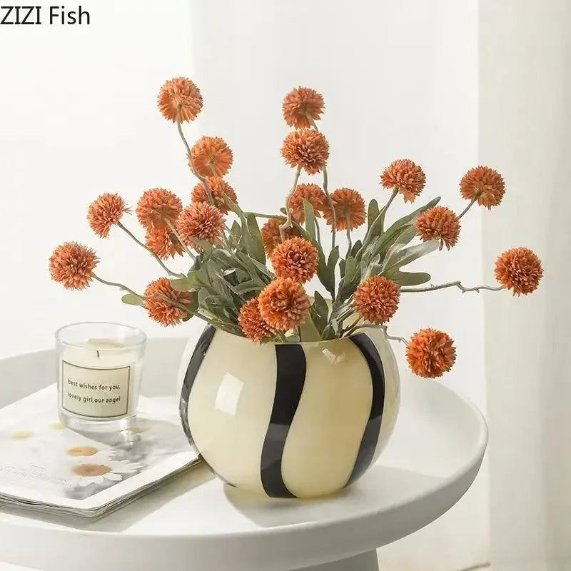 ديكور بايتس™ مزهرية زجاجية سوداء مخططة لتزيين المكتب وأواني الزهور الاصطناعية وديكور الغرفة الجمالي