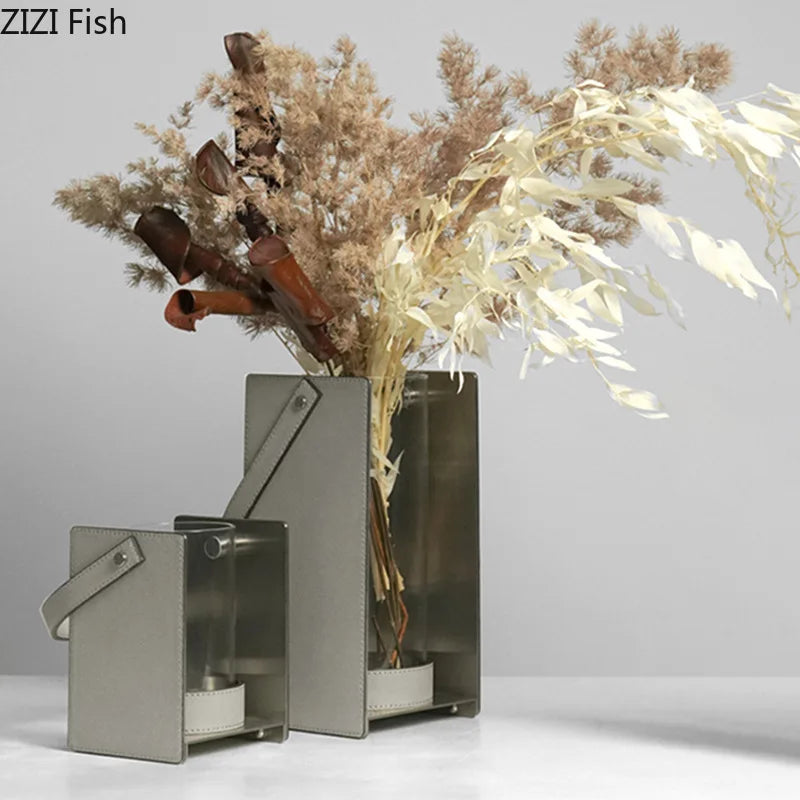 DecorBites™ Leather Glass Vase Plant Pot Artificial Flowers Floral Room Decor