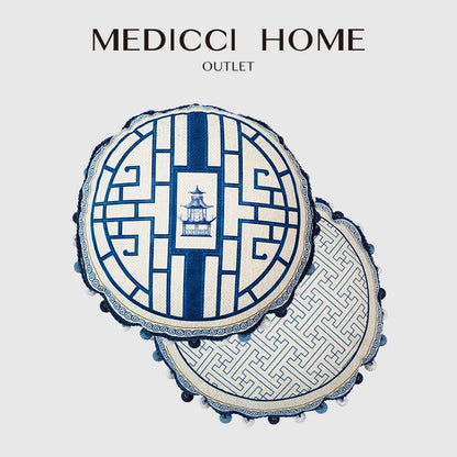 DecorBites™ Chintz Blue Cobalt Circular Throw Pillow Covers with Tassels - 35x35cm