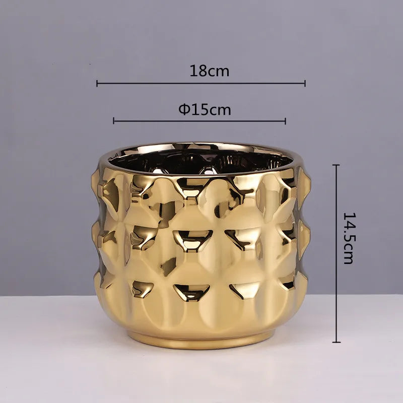 DecorBites™ Gold Ceramic Flower Pot Geometry Vase for Succulents and Floral Arrangements