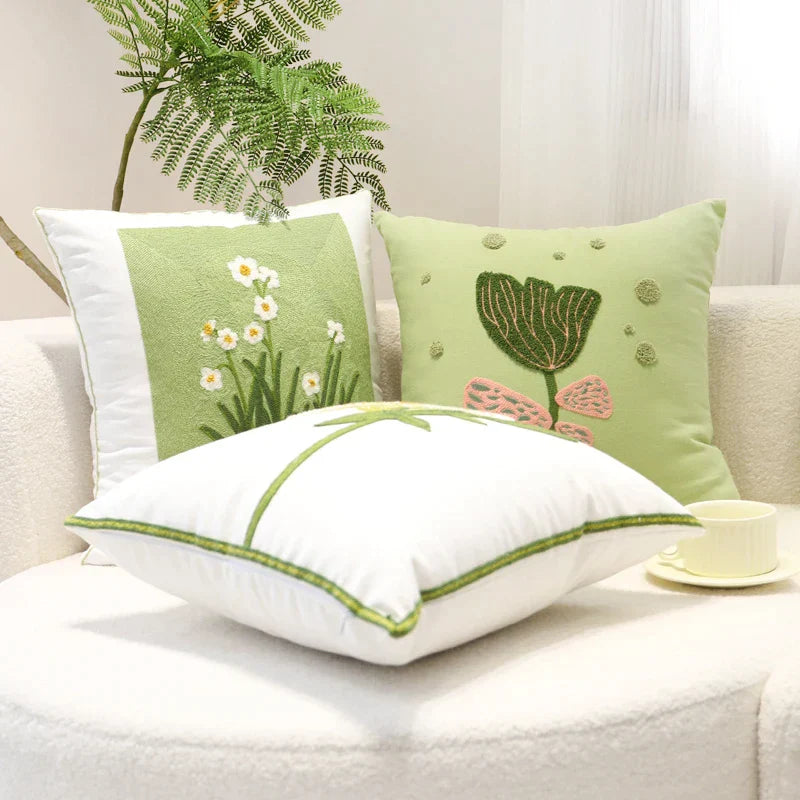 DecorBites™ Green Embroidered Cotton Cushion Cover, Rustic Throw Pillowcase for Living Room Sofa