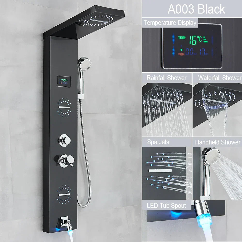 Sistema de grifería para ducha con luz LED DecorBites™: chorros de lluvia, chorros de masaje, panel de cascada con control de temperatura