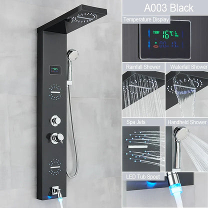 Sistema de grifería para ducha con luz LED DecorBites™: chorros de lluvia, chorros de masaje, panel de cascada con control de temperatura