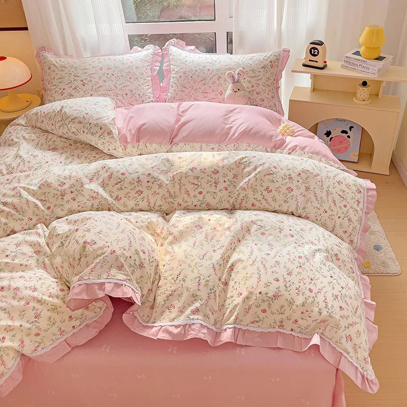 Decobites Floral Ruffles Bedding Set with Duvet Cover, Sheets, and Pillowcases