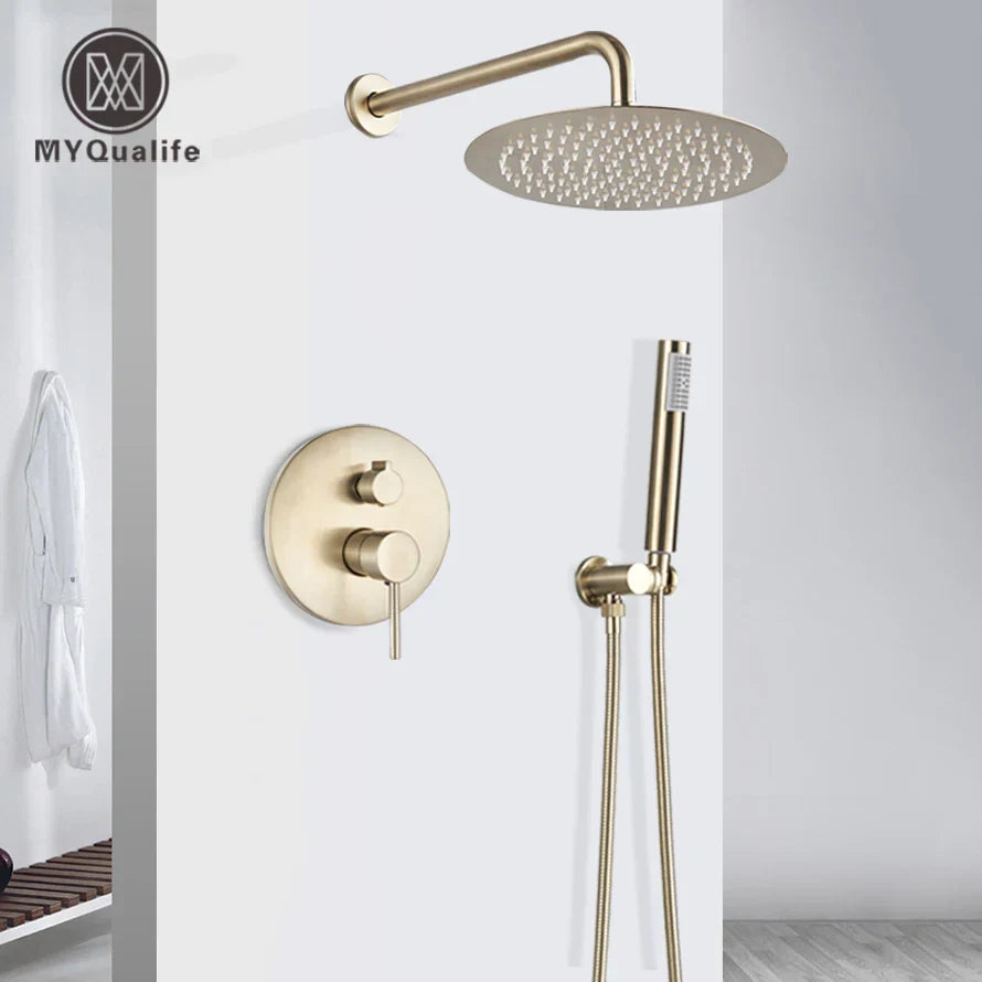 Juego de grifería para ducha DecorBites™ en oro cepillado: caño giratorio de pared para bañera, grifo mezclador con cabezal tipo lluvia