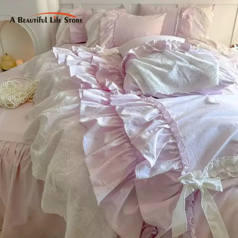 Decobites Korean Lace Ruffles Cotton Bedding Set - Sweet Girl Design