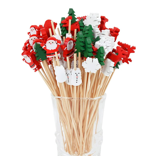 50/100Pcs Christmas Buffet Fruit Food Skewer Cocktail Picks Cupcake Topper 2024 Christmas Party Decor Supplies New Year 2025