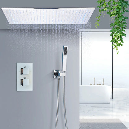 Juego de grifería termostática para ducha DecorBites™ con luz LED en oro cepillado y cabezal de ducha tipo lluvia para techo