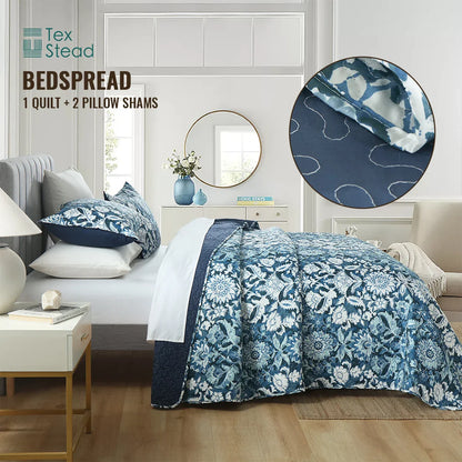 Decobites Blue Floral Quilted Bedding Set - Farmhouse Style All Seasons - 3 Piece